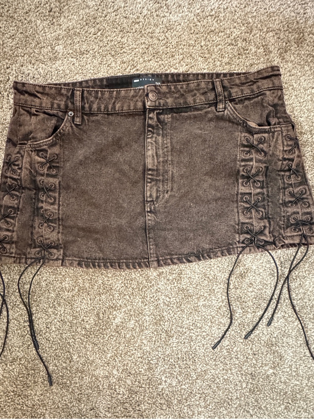 ASOS Brown Washed Denim Mini Skirt with Lace-Up Side Detail